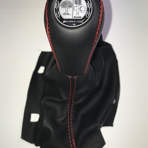Gear Shift Knob + Boot FITS Mercedes Benz E-Class W204 C63 W207 A207 W212 X204 AT, Black Genuine leather AMG label Red stitches