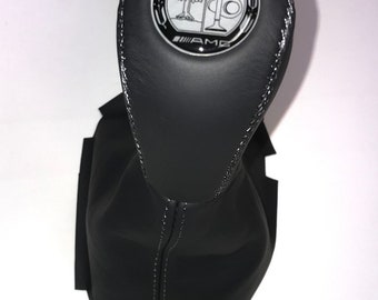 Gear Shift Knob + Boot FITS Mercedes Benz E-Class W211 W219 AT, Black Genuine leather AMG label Gray stitching