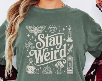 Stay Weird Shirt, Mushroom Witchy Moth Tee, Comfort Colors® Gothic Aesthetic T-Shirt, Alternative Witch Gift, Retro Hippie Top, Creepy Shirt