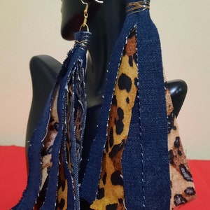 Leopard jean wide earrings, fabric wrapped earrings, distressed jean earrings,gift idea, low price jewerly. Diva earrings, statement piece