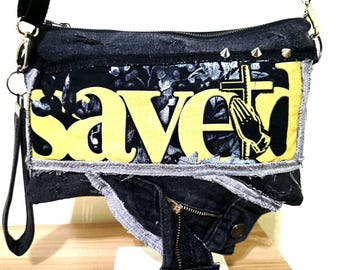 Handmade repurposed denim Christian crossbody purse, Christian clutch