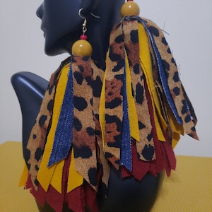Read description. Long Leopard tassel mixed fabric full earrings, red and yellow tassel earrings, jean and leopard tassel earrings