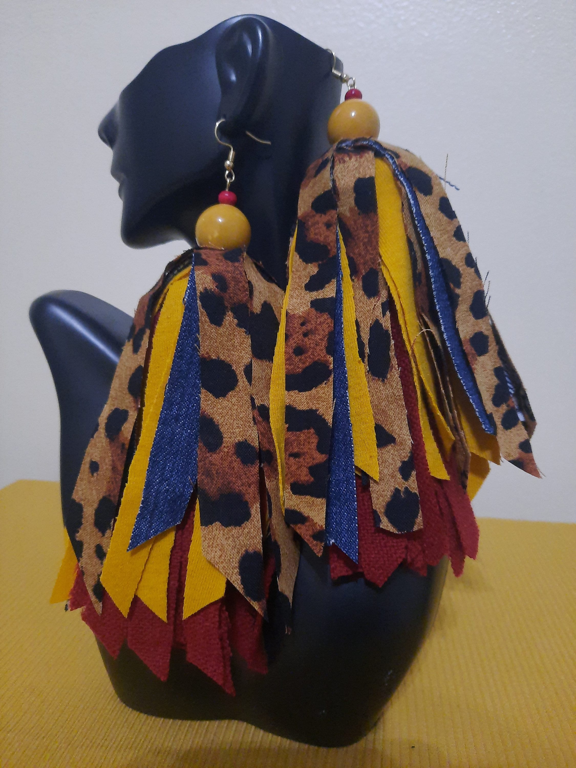 Read description. Long Leopard tassel mixed fabric full earrings, red and yellow tassel earrings, jean and leopard tassel earrings