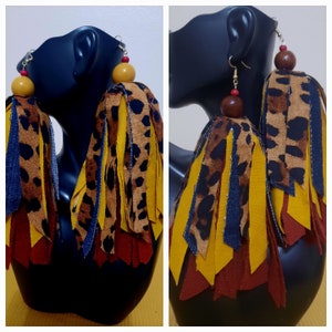 Leopard tassel mixed fabric full earrings, red and yellow tassel earrings, jean and leopard tassel earrings