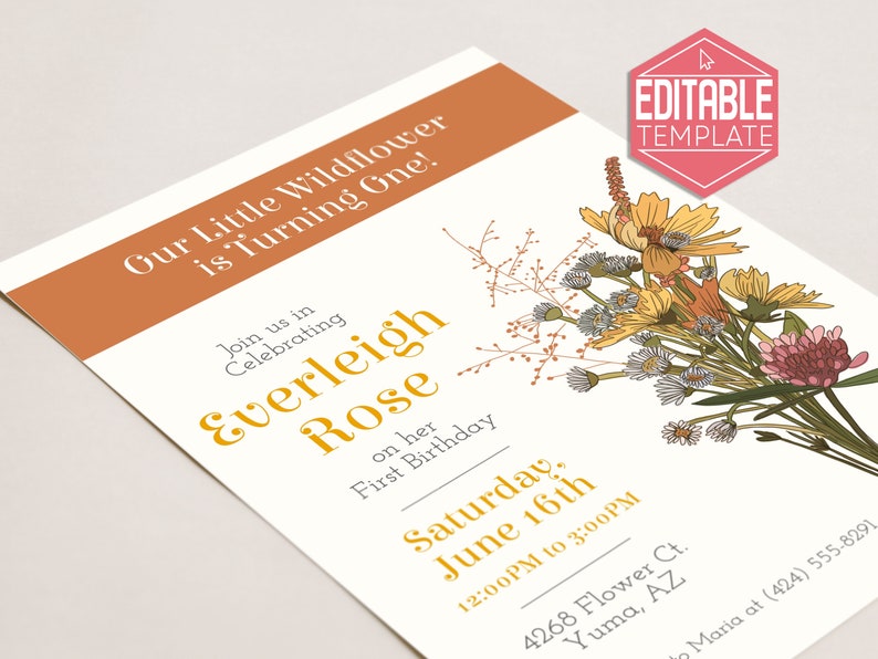 Wildflower Birthday Editable Invitation Printable Template image 1