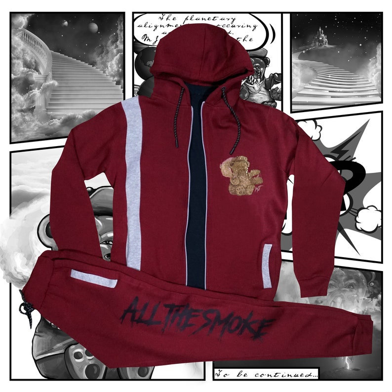 all red jogging suit