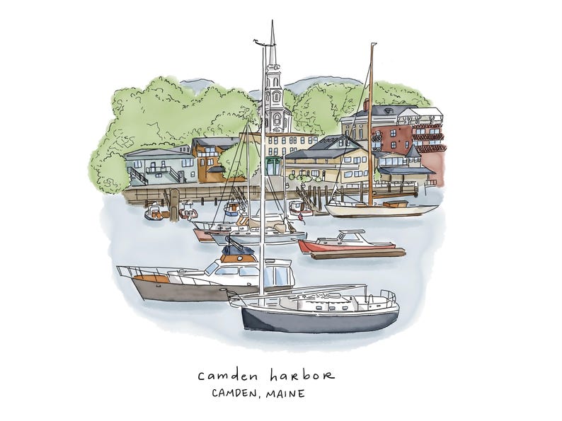 May include: Watercolor illustration of Camden Harbor, Maine, featuring boats, buildings, and a church steeple. The image includes the text "camden harbor" and "CAMDEN, MAINE" in a handwritten style. The scene is set against a backdrop of green hills.