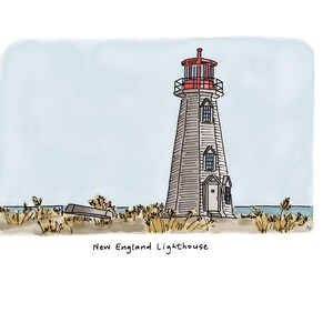 May include: Watercolor illustration of a New England lighthouse. The tall, gray and white lighthouse has a red top and sits on a sandy shore with tall grass. A small boat rests in the grass. The text "New England Lighthouse" is below.