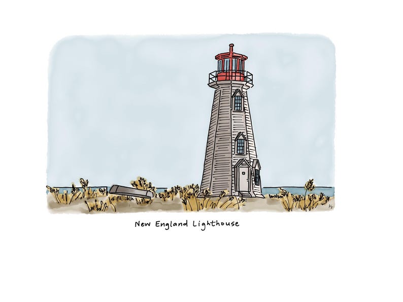 May include: Watercolor illustration of a New England lighthouse. The tall, gray and white lighthouse has a red top and sits on a sandy shore with tall grass. A small boat rests in the grass. The text "New England Lighthouse" is below.