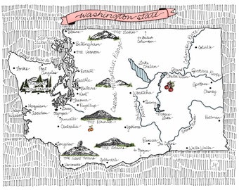 May include: A hand-drawn map of Washington state, featuring major cities, rivers, lakes, and mountains. The map is drawn in black ink on a white background with a pink banner at the top that says "Washington state".