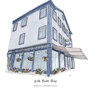 May include: Illustration of Sift Bakeshop in Mystic, Connecticut. The building is a light gray with blue trim and a blue awning. The shop has large windows with flower boxes filled with purple flowers. The sign reads "Sift".