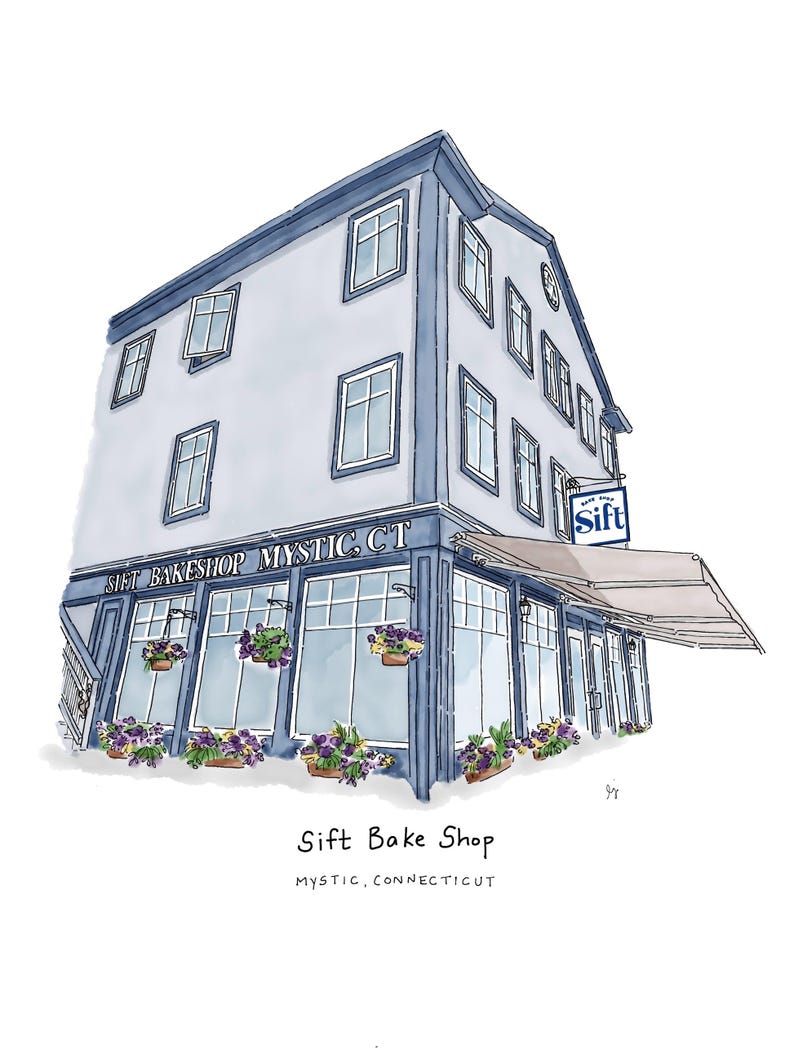 May include: Illustration of Sift Bakeshop in Mystic, Connecticut. The building is a light gray with blue trim and a blue awning. The shop has large windows with flower boxes filled with purple flowers. The sign reads "Sift".