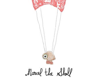 May include: A whimsical illustration of Marcel the Shell, a small shell character, suspended from a red Tootsie Pop wrapper parachute. The image is a 2026 calendar design, with the text "Marcel the Shell" and "2026 CALENDAR" below the character.
