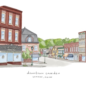 May include: A watercolor illustration of a street scene in downtown Camden, Maine. The illustration features several brick buildings with storefronts, including one with the sign "French & Brawn Market Place". There are trees and a street with a few people walking.