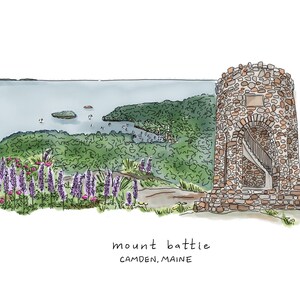 May include: Watercolor illustration of Mount Battie in Camden, Maine. The image features a stone tower with an arched entrance, a winding staircase, and a scenic view of the ocean and surrounding greenery. Purple flowers are in the foreground.