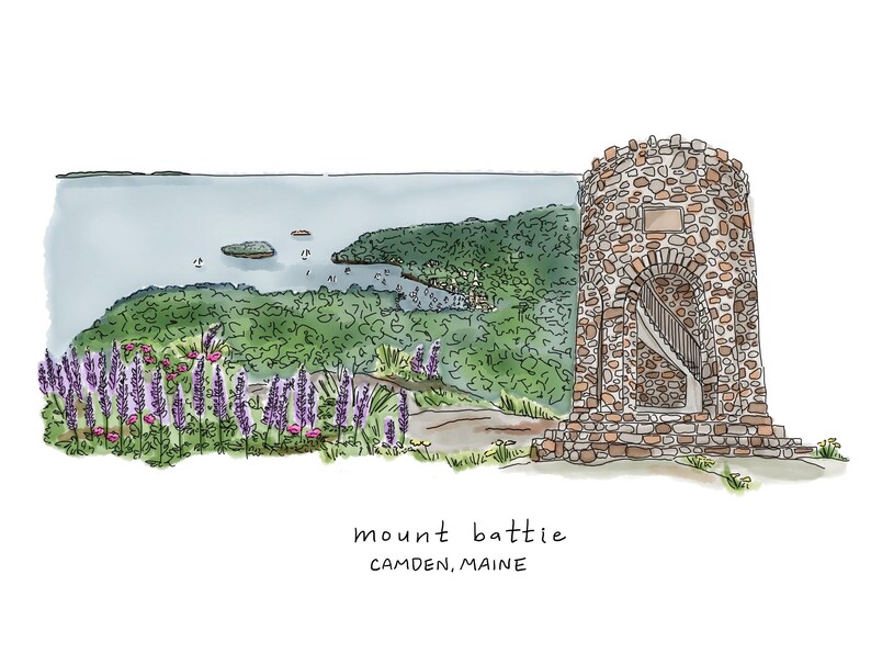 May include: Watercolor illustration of Mount Battie in Camden, Maine. The image features a stone tower with an arched entrance, a winding staircase, and a scenic view of the ocean and surrounding greenery. Purple flowers are in the foreground.