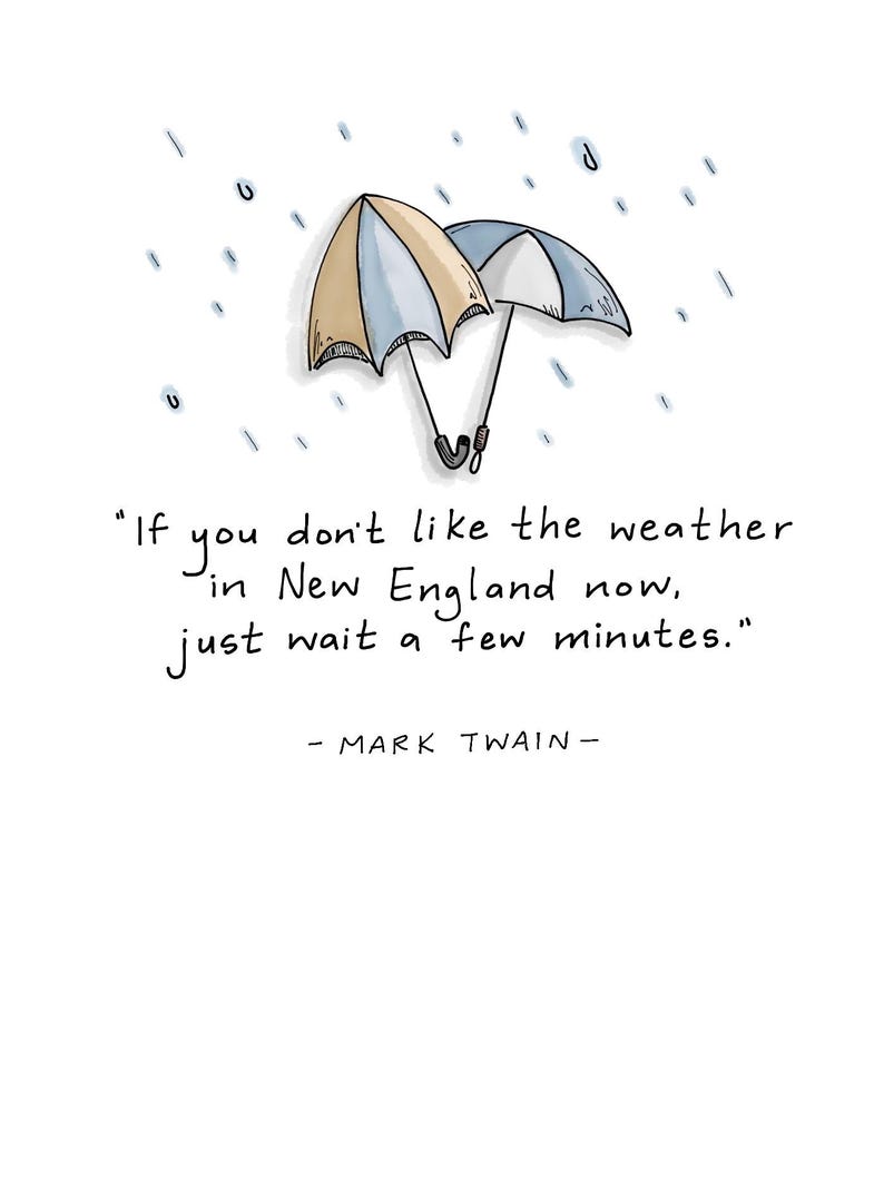 May include: A whimsical illustration features two umbrellas in beige and blue, with raindrops and the quote "If you don't like the weather in New England now, just wait a few minutes." attributed to Mark Twain.