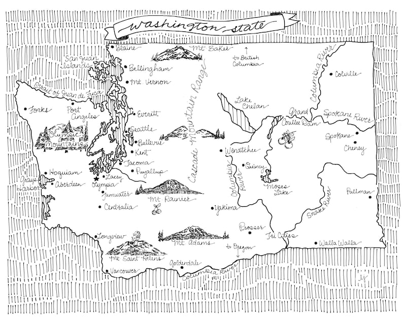 Washington Map Art Print Matted for FREE WA State - Etsy