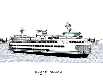 May include: A black and white line drawing of a ferry boat on the water. The boat has a large, rectangular hull with a flat top and a small, rounded bow. There are several windows on the side of the boat, and a small, rectangular structure on the top of the boat. The boat is sailing on a body of water that is represented by a series of wavy lines. The text "Puget Sound" is written below the boat.