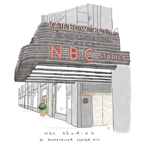 May include: A hand-drawn illustration of the NBC Studios building in New York City. The building has a sign that reads "Rainbow Room Observation Deck NBC Studios".