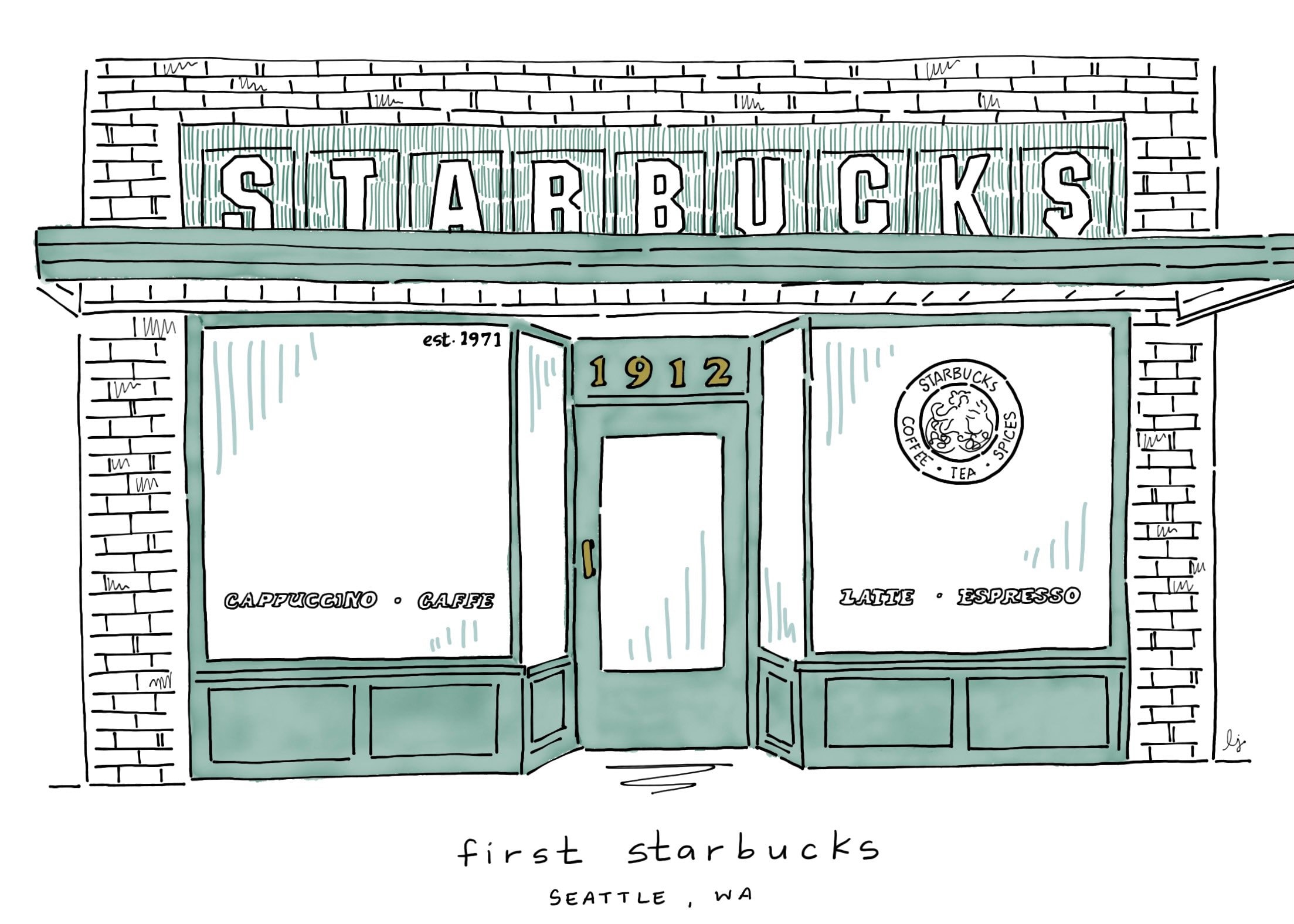 Starbucks Art Print First Starbucks Seattle Starbucks Etsy