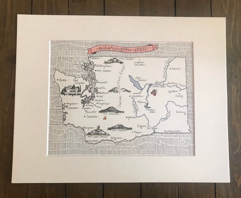 Washington Map Art Print - Matted for FREE - WA State Illustration ...