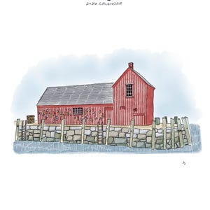 May include: Watercolor illustration of a red New England barn with a gray roof, stone wall, and wooden fence. The text "new england 2024 CALENDAR" is at the top. The artist's name is at the bottom.