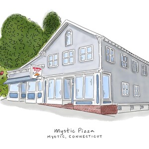 May include: An illustration of Mystic Pizza in Mystic, Connecticut. The two-story building is painted gray with multiple windows and a blue awning. The sign reads "Mystic Pizza Slice & a Beer". Green trees and red flowering bushes are on the left.