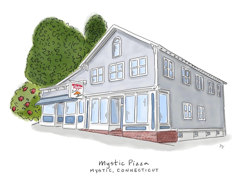 May include: An illustration of Mystic Pizza in Mystic, Connecticut. The two-story building is painted gray with multiple windows and a blue awning. The sign reads "Mystic Pizza Slice & a Beer". Green trees and red flowering bushes are on the left.