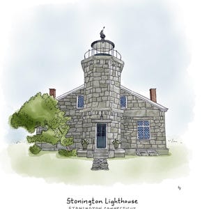 May include: An illustration of the Stonington Lighthouse in Stonington, Connecticut, built in 1840. The lighthouse is made of gray stone and has a tall tower with a light at the top. A green tree and grass are in the foreground.