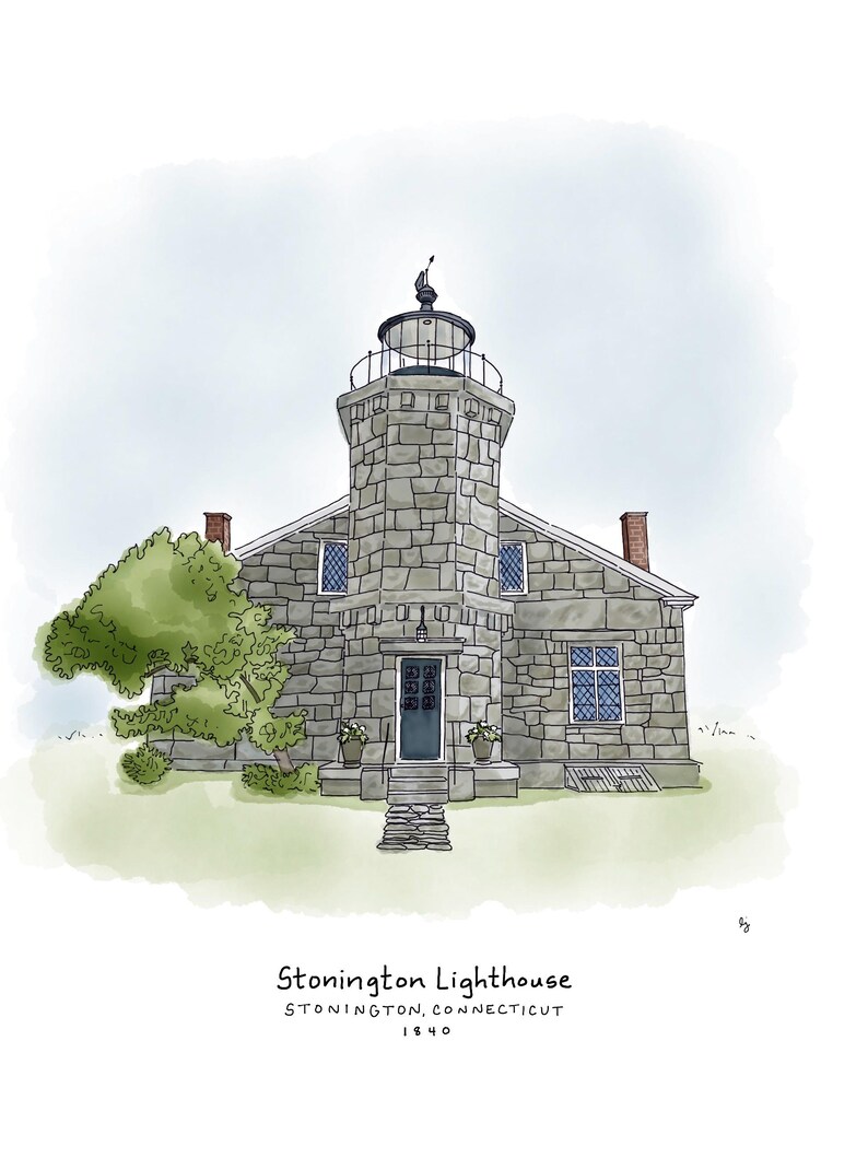 May include: An illustration of the Stonington Lighthouse in Stonington, Connecticut, built in 1840. The lighthouse is made of gray stone and has a tall tower with a light at the top. A green tree and grass are in the foreground.