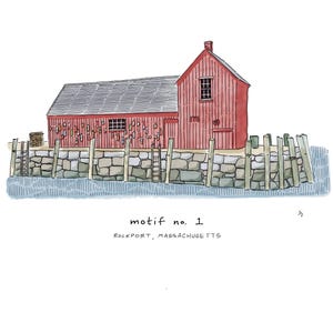 May include: Watercolor illustration of a red building with a gray roof, a stone wall, and a wooden fence. The building has a window and a door. The text "motif no. 1" and "Rockport, Massachusetts" are at the bottom.