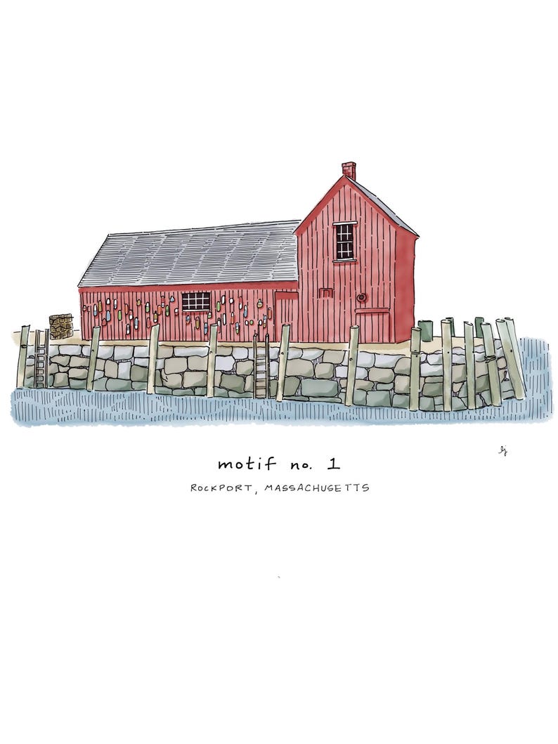 May include: Watercolor illustration of a red building with a gray roof, a stone wall, and a wooden fence. The building has a window and a door. The text "motif no. 1" and "Rockport, Massachusetts" are at the bottom.