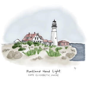 May include: An illustration of the Portland Head Light in Cape Elizabeth, Maine. The image features a white lighthouse with a black top, a red-roofed building, and green vegetation on a sandy shore. The text "Portland Head Light" and "Cape Elizabeth, Maine" is included.
