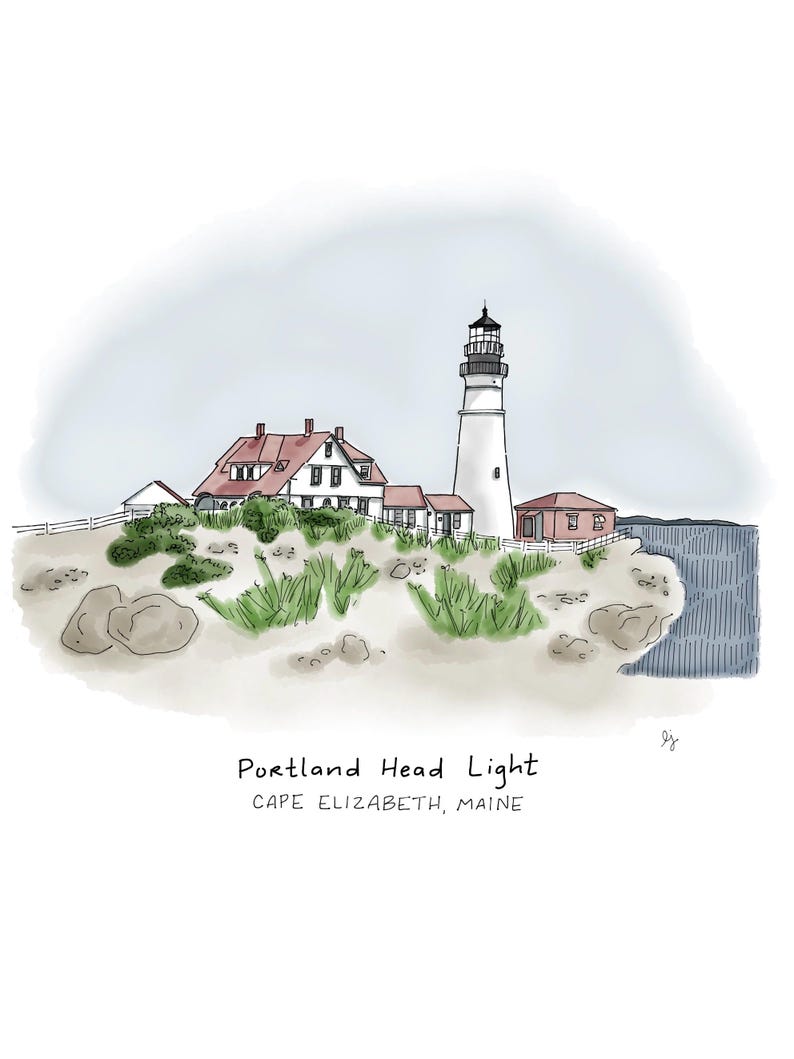 May include: An illustration of the Portland Head Light in Cape Elizabeth, Maine. The image features a white lighthouse with a black top, a red-roofed building, and green vegetation on a sandy shore. The text "Portland Head Light" and "Cape Elizabeth, Maine" is included.