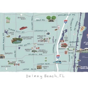 May include: A hand-drawn map of Delray Beach, Florida, with blue, green, and brown lines and text. The map shows the location of various businesses, landmarks, and streets. The map is surrounded by a light blue border.