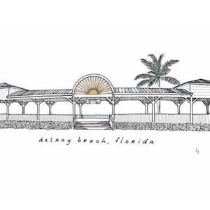 May include: A black and white line drawing of a beach pavilion with a palm tree in the background. The text "Delray Beach, Florida" is written below the pavilion.