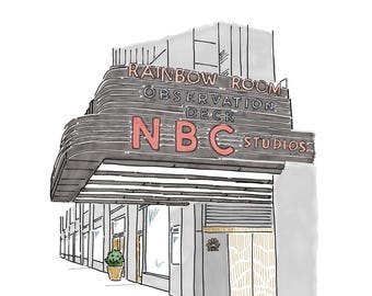 May include: Illustration of the Rainbow Room Observation Deck and NBC Studios in New York City. The artwork is in black, white, and gray with red lettering. The text "new york city 2026 calendar" is at the top. The artist's signature is at the bottom.