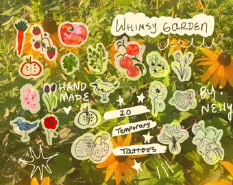 Whimsy Garden Tattoo Pack. Includes 20 Temporary Tattoos, 11 color tattoos, 9 line art tattoos.