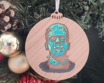 Frankenstein Ornament, Laser Etched Birch Wood, Hand Painted
