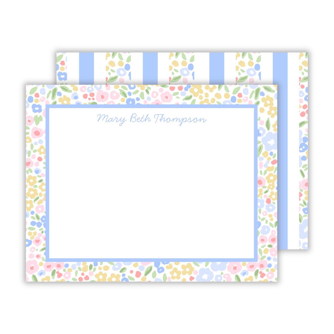 Personalized Stationery With Blue Floral Stripes and Watercolor Floral ...