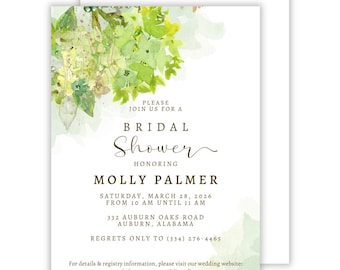 Green Hydrangea Bridal Shower Invitation, Classic Monogram, 5x7 Printed Cards