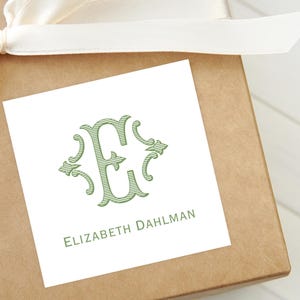 May include: A square white sticker with a green ornate letter "E" and the name "ELIZABETH DAHLMAN" printed in green. The sticker is on a brown box, with a white ribbon tied on top.