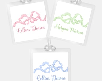 Personalized Bow Bag Tag, Laminated Square Girl Luggage Tag, Diaper Bag Tag