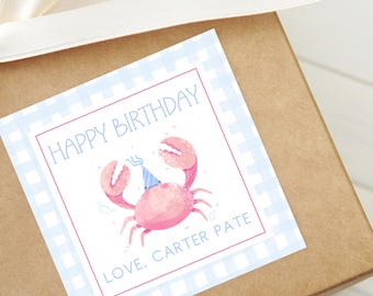 Birthday Crab Gift Tag: Gingham Kids Party Enclosure Card