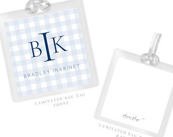 Personalized Blue Tag with Monogram, Laminated Square Boy Luggage Tag, Diaper Bag Tag