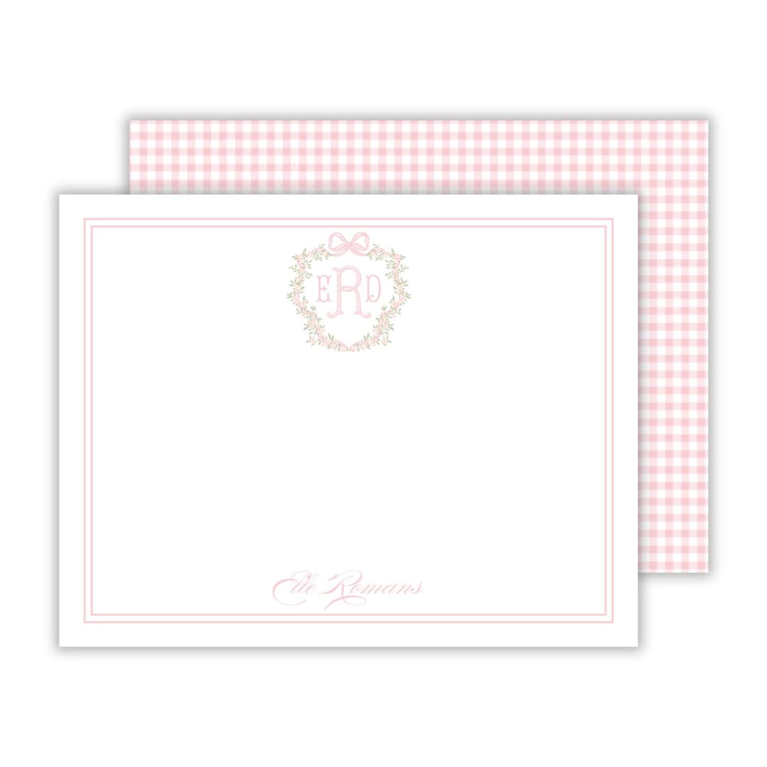 Personalized Stationery for Girls Pink Gingham With Floral Notecard Set ...