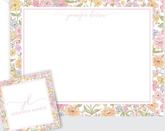 Personalized Stationery Floral Simple Name, Flat Notecard Set, Girls Monogram Stationery