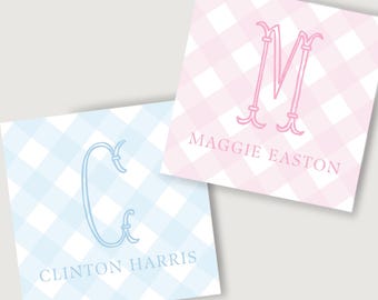 Monogrammed Gift Tag: Preppy Check, Elegant Initial (2.75x2.75)