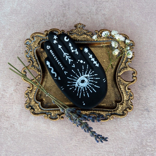 palmistry hand jewelry tray, handmade bohemian trinket tray, witch decorative tray, home decor ceramic palmistry hand jewelry holder